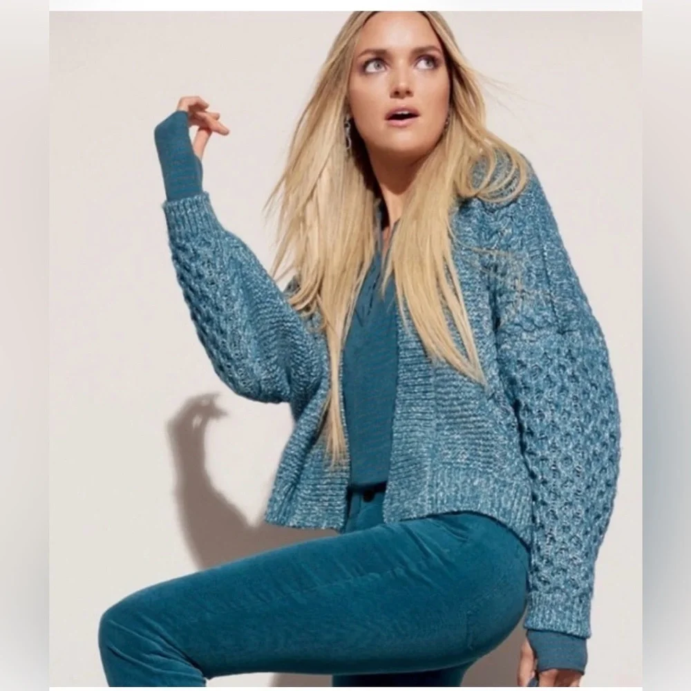 CABI Astral S #4095 Celestial Blue chunky cable knit crop cotton woman cardigan